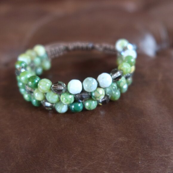 $150 Chan Luu green bracelet round multi beads/stones adjustable with brown cord - Picture 2 of 8